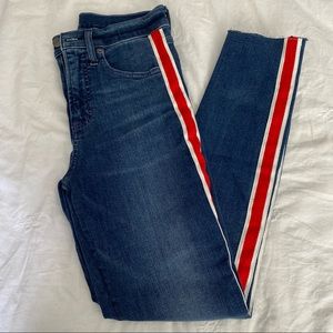 Denim skinny jeans with red stripe